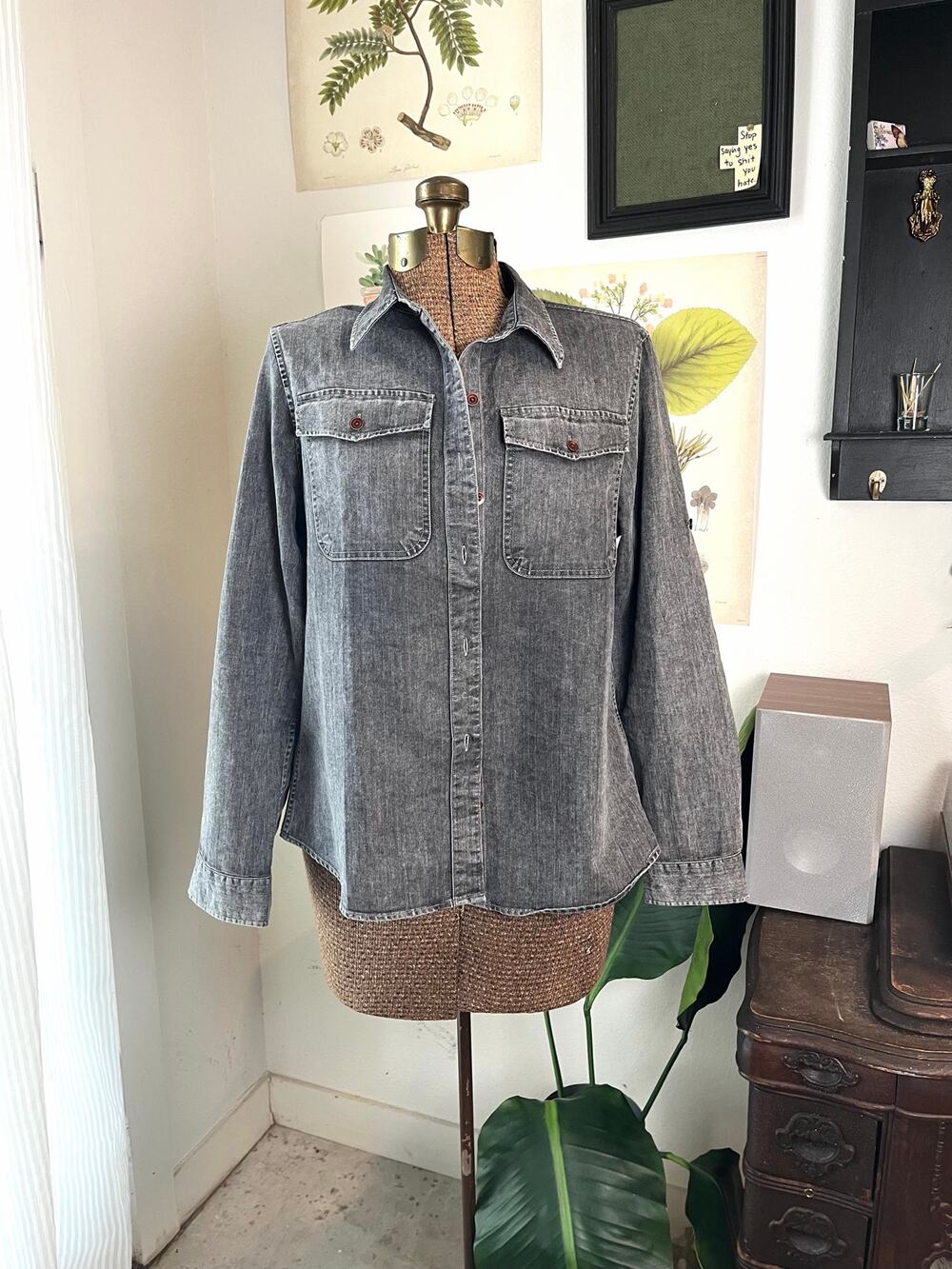 Hocaies Women’s Denim Shirt Size M Gray Button Down Western Grunge